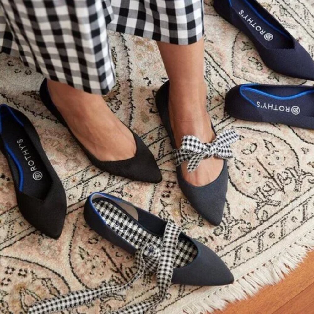 Rothy's Black and Blue Flats with Gingham Bow